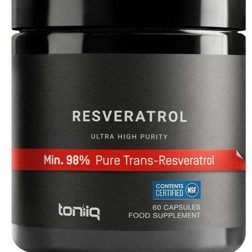 Toniiq Ultra High Purity Resveratrol capsules jar, NSF certified