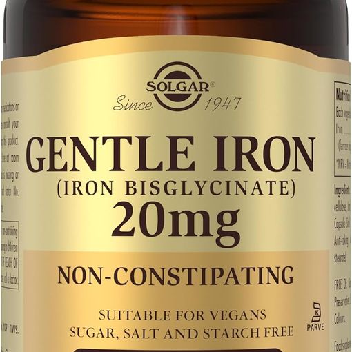 Solgar Gentle Iron Bisglycinate 20mg bottle of 180 vegetable capsules