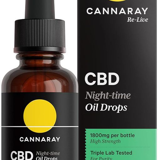 Cannaray Re-Live CBD Night-time Oil Drops 1800mg Peppermint bottle and box