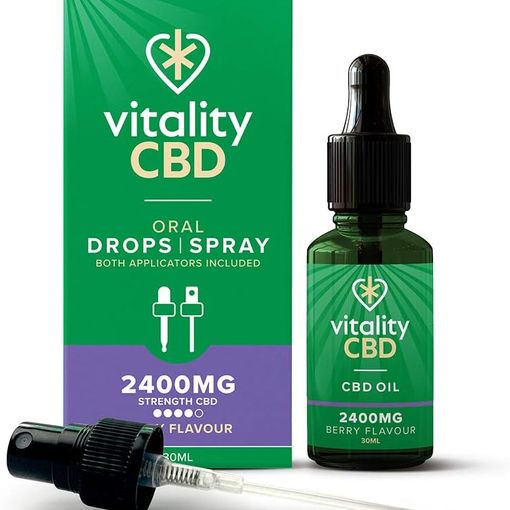 Vitality CBD Drops Spray in MCT Oil 2400mg Berry flavour bottle and box