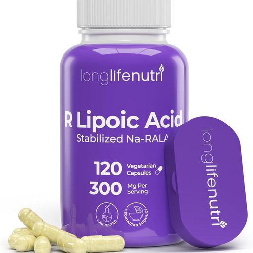 LongLifeNutri Stabilized R-Alpha Lipoic Acid 300mg bottle, 120 vegetarian capsules