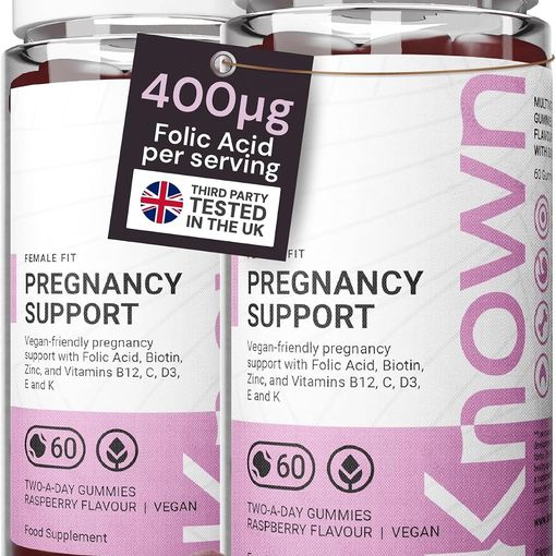 Known Pregnancy Support Gummies raspberry flavour, two 60-gummy tubs