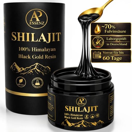 AP ESSENZ Shilajit Resin 100% Himalayan Black Gold Resin jar with spoon