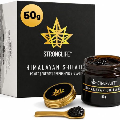 Stronglife Himalayan Shilajit Resin 50g jar, box and spoon